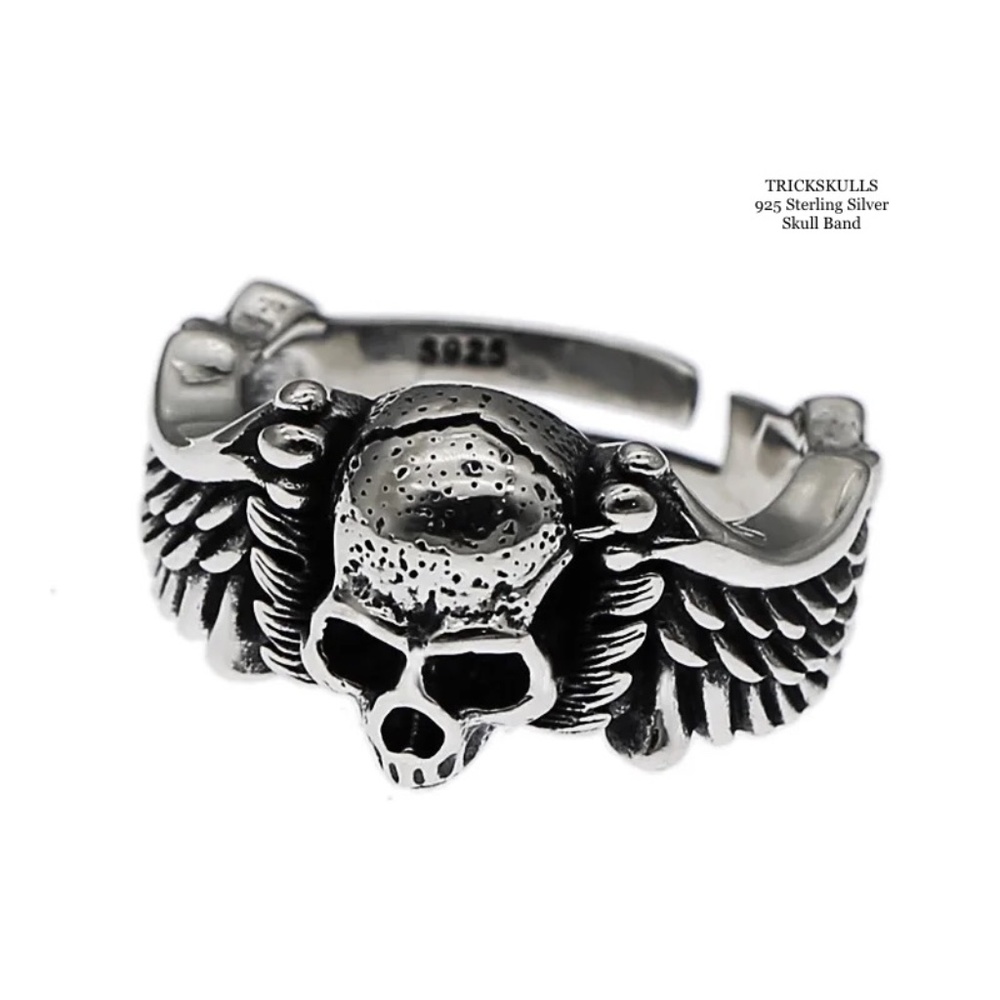 925 Sterling Silver Classic Skull Wings Biker Punk Adjustable Open Skull Ring